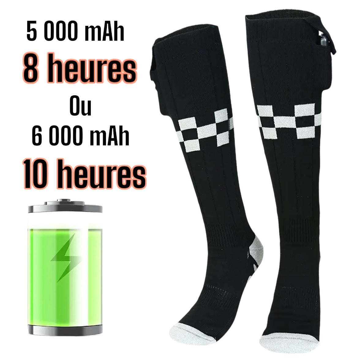 Chaussette chauffante haute avec batterie externe